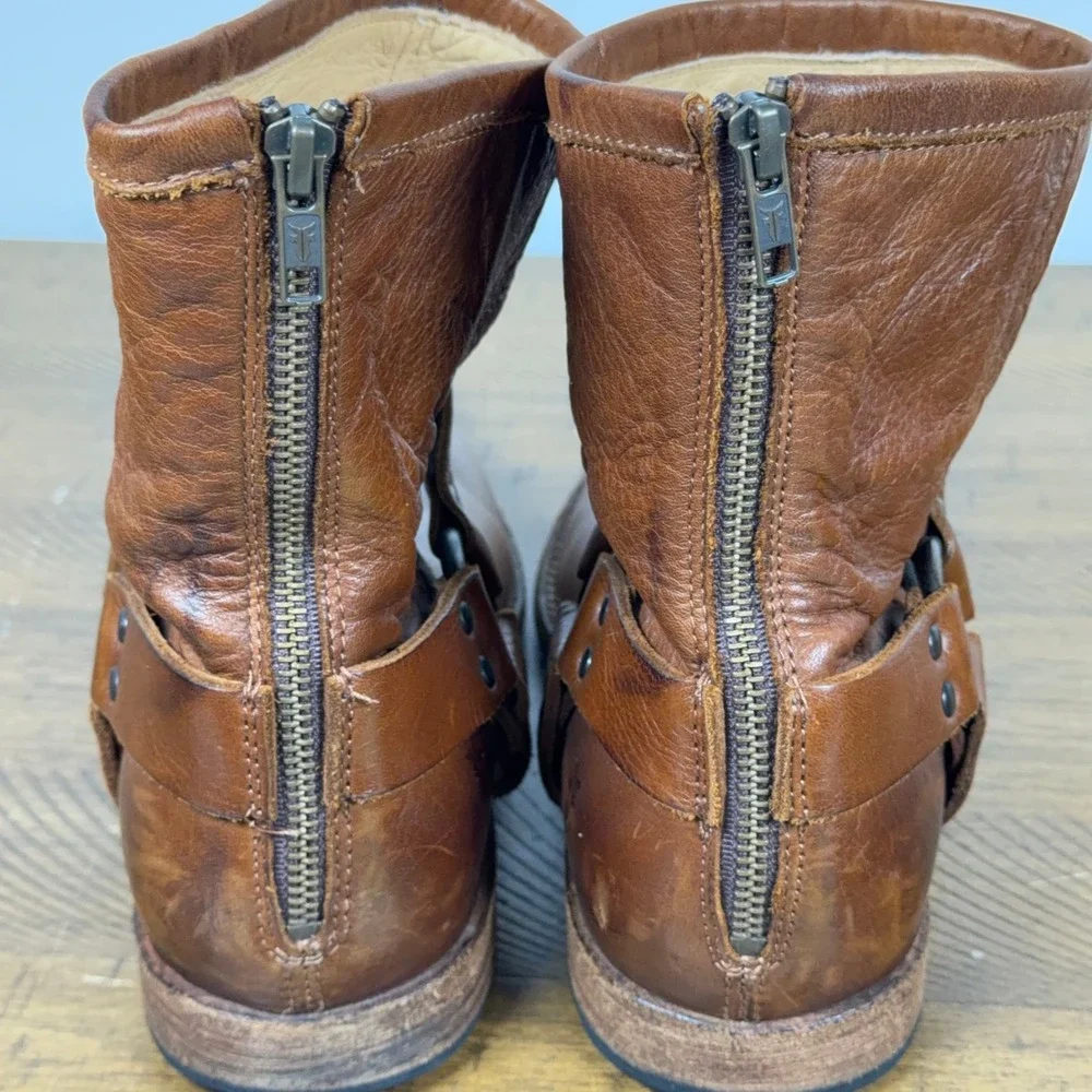 Frye Boots Men 11.5 D Brown Cognac Phillip Harness Zip Leather Biker Moto Cowboy